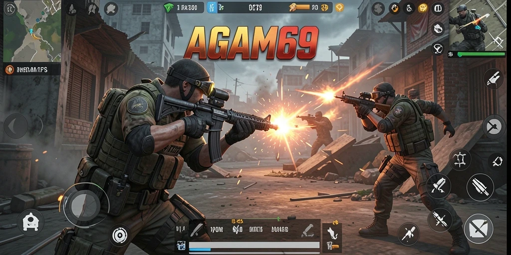 Tampilan menegangkan dari gameplay <strong>AGAM69</strong> dalam pertempuran FPS.