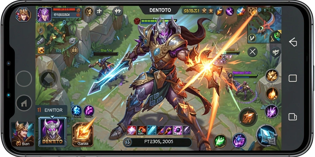 Tampilan aksi intens dalam permainan DENTOTO dengan strategi MOBA.