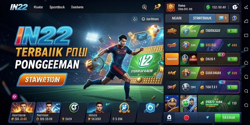 Tampilan screenshot IN22 menunjukkan antarmuka Sportsbook yang menarik dan interaktif.