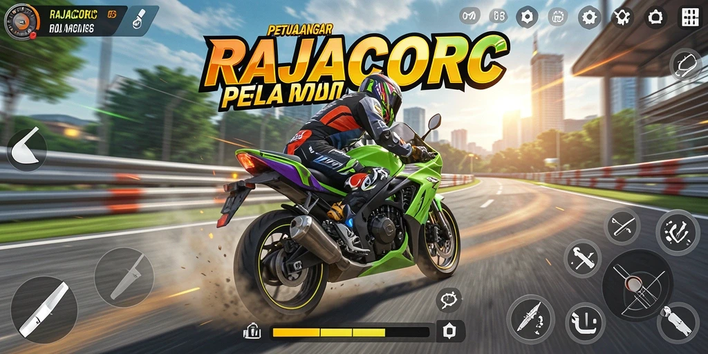 Screenshot dari gameplay mendebarkan RAJACORC dengan motor balap.