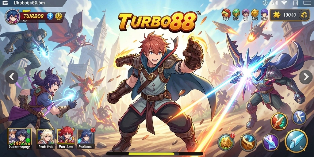 Tampilan screenshot TURBO88 dengan aksi pertarungan karakter Anime.
